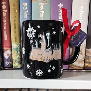 Rae Dunn Black Mug with White Snowflakes and Hogwarts Castle Design